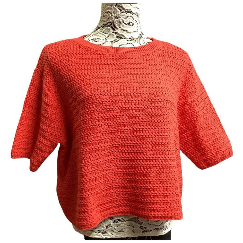 Mango crochet cropped shorts sleeve knitted top L red